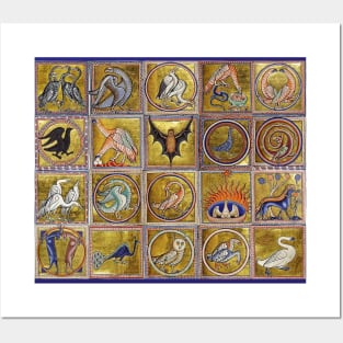 MEDIEVAL BESTIARY, FANTASTIC ANIMALS IN GOLD RED BLUE COLORS Posters and Art